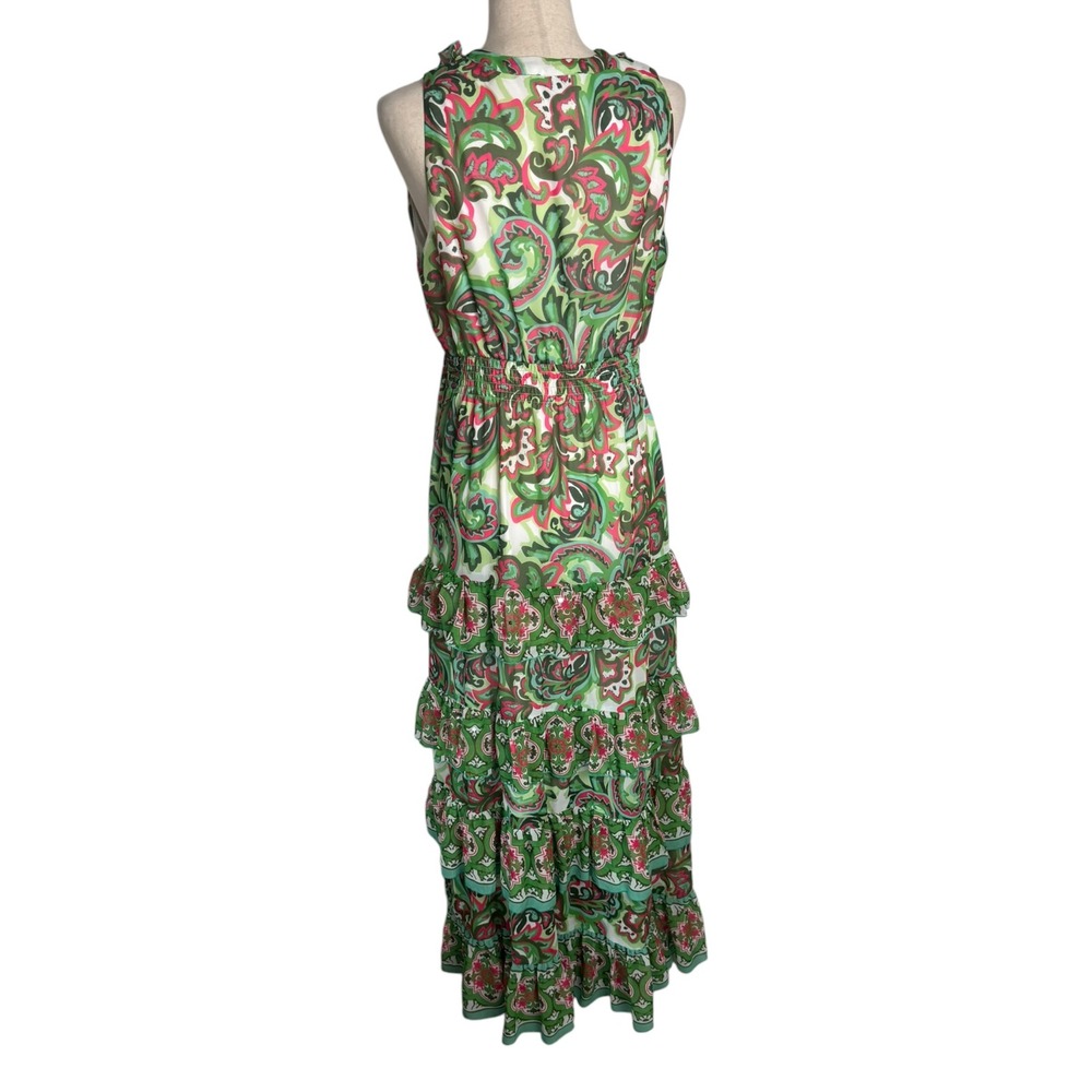 Boston Proper Palma de Scrolls Print Ruffle Maxi Dress Green Pink Sequin Size M - Picture 6 of 13